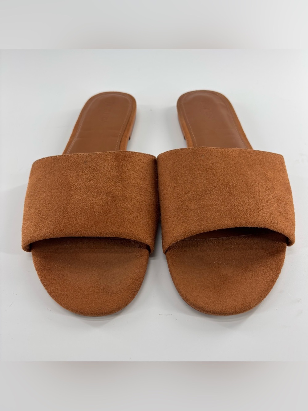 J Crew Microsuede slides sandals size 10 tan cedar wood brown color flats